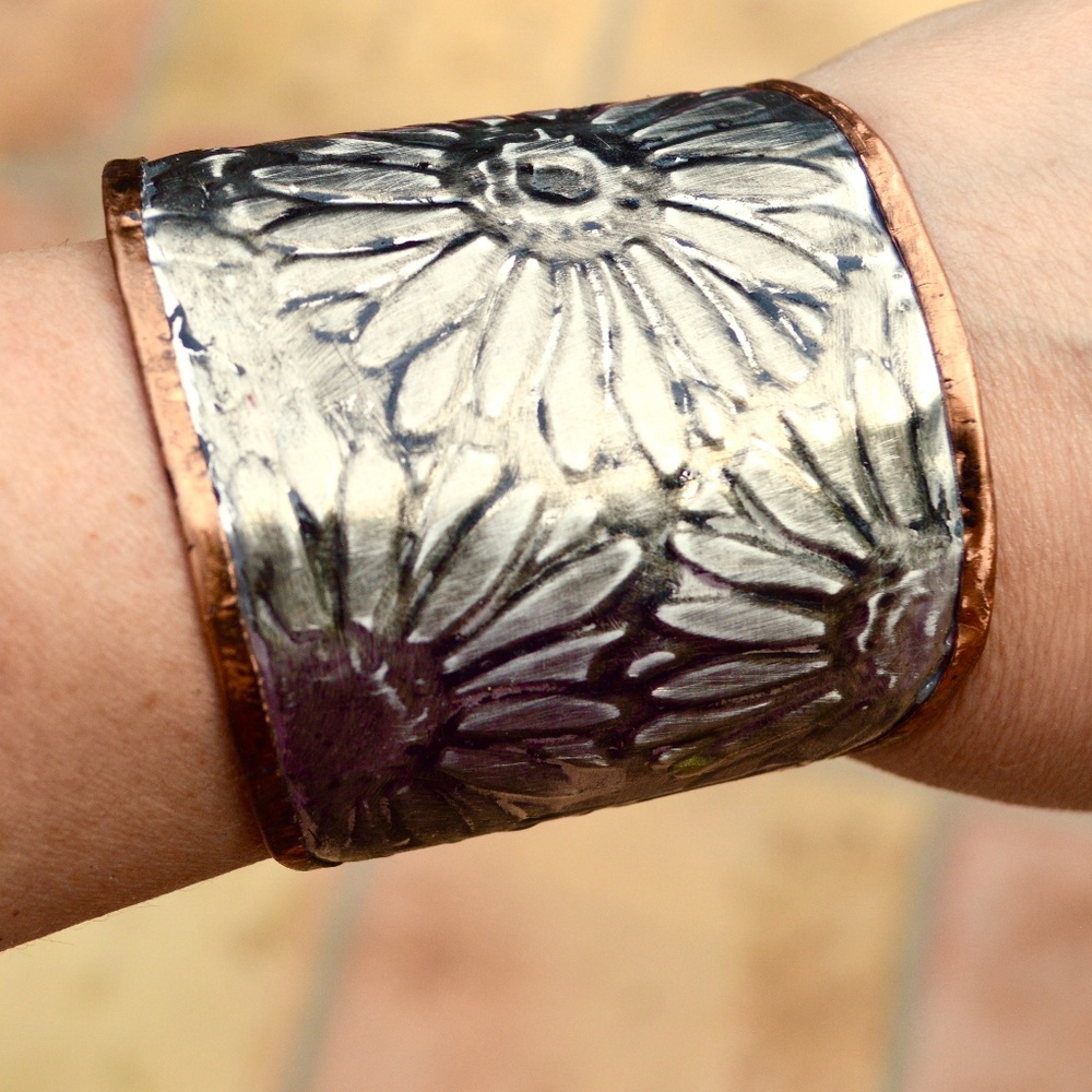 Sunflower Wide Cuff Solid Copper Silver Bracelet Boho Rustic Gladiator Spartan - Picture 4 of 14